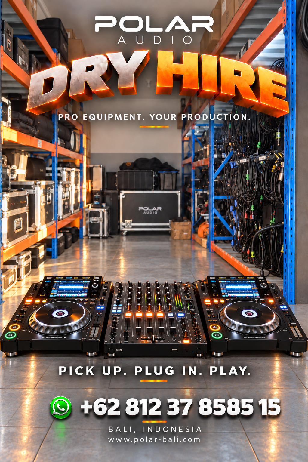 Dry Hire flyer showing DJ equipment in a rental warehouse
